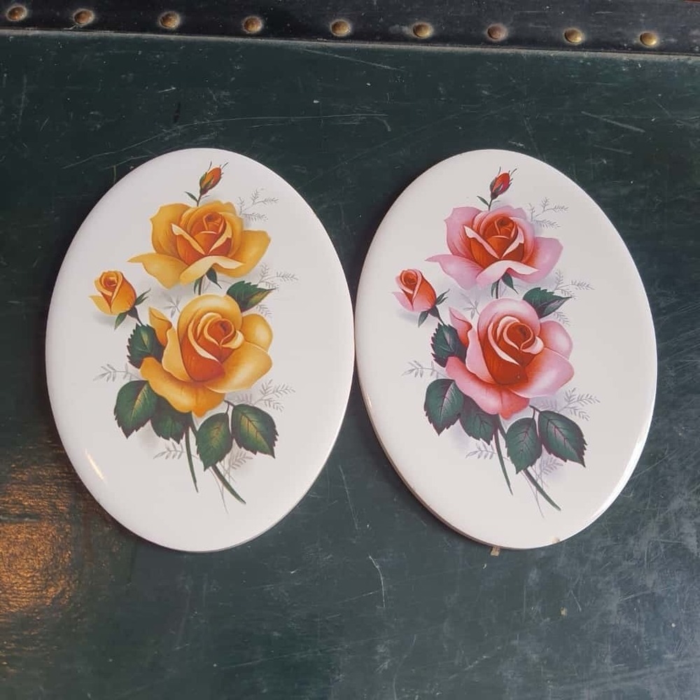 Vintage H&R Johnson Ceramic Floral Plaques - Made In England - Oval Wall Decor